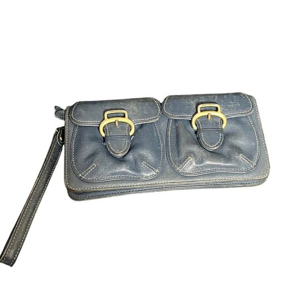 Y2K Cole Haan Day to Evening Leather‎ Wallet Wristlet Clutch Blue Distressed - Picture 1 of 13